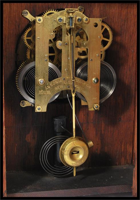 A 19th century American mantel bracket clock having an oak case with gilt dial and white enamel - Image 4 of 19