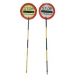 PAIR OF RETRO ROAD CROSSING LOLLIPOPS HANDHELD SIGNS