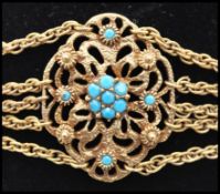 A signed 1940s Whiting and Davis gold tone Etruscan revival collar necklace set with turquoise