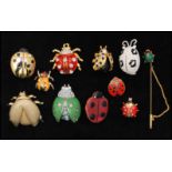 A collection of vintage Ladybird bug brooch pins to including rhinestone set, enamel, terracotta,