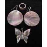 A signed Mexican silver butterfly brooch  together with a white metal abalone set ring and earrings.