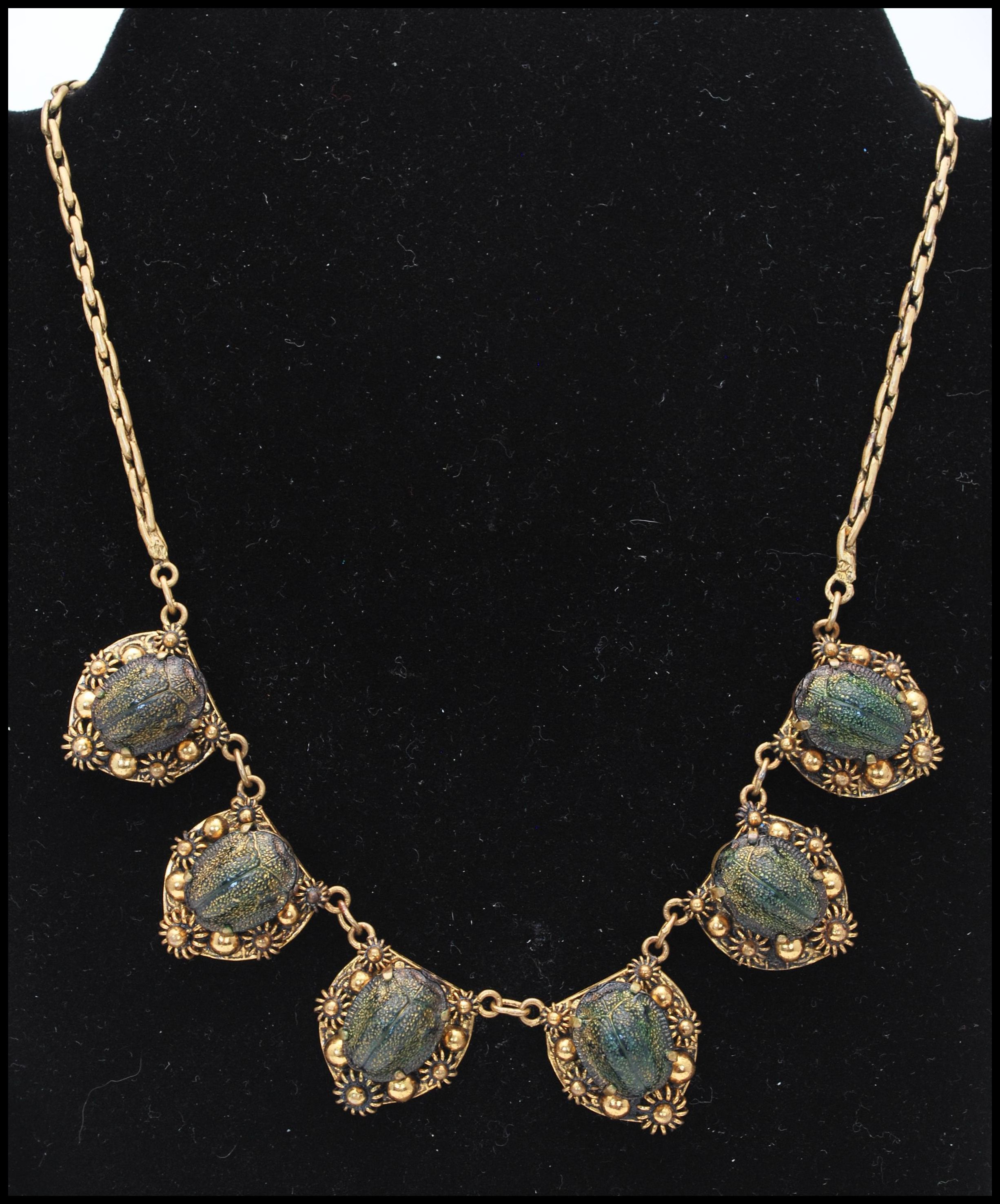 A 1930s Czech Art Deco Egyptian revival scarab beetle necklace. Measures approx 15 inches. - Image 2 of 5