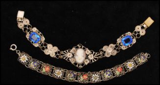 Two 1930s Czech bracelets one rhinestone and cameo the other having enamel flower design. Cameo