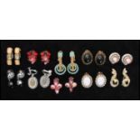 A collection of vintage gold and silver-tone earrings to include coloured and AB rhinestones, pearl,