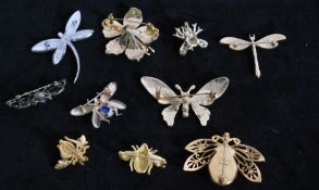 A collection of 10 vintage bug brooches to include signed Joan Rivers, Avon, MFA, AB Rhinestone,