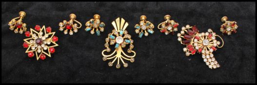 1920s signed vintage Bugbee and Niles gold filled brooch and earrings sets having blue and white and