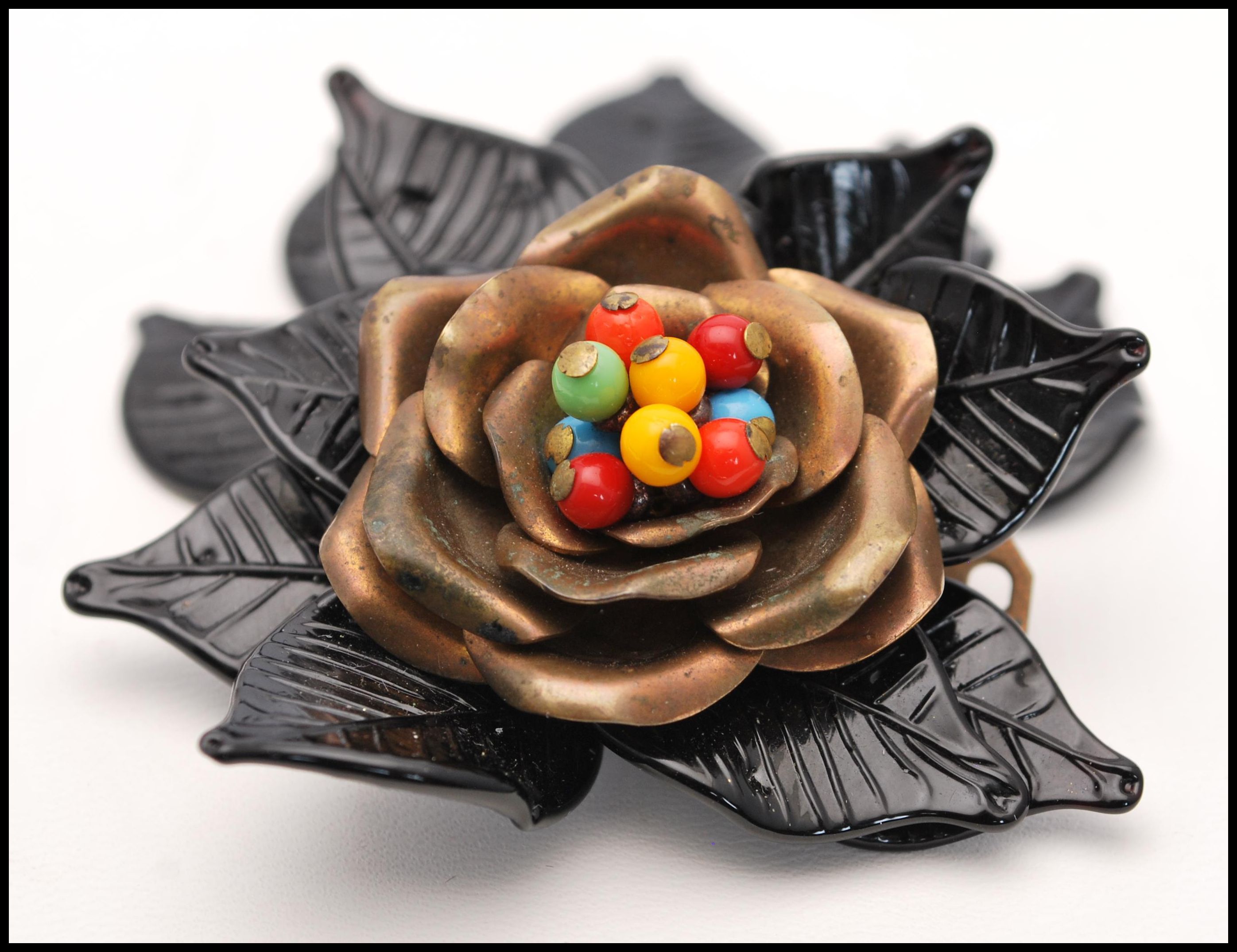 A 1940s early Miriam Haskell large dangle brooch having copper colour metal flower with coloured - Image 2 of 3