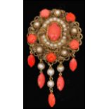 A mid 20th century Czech filigree brooch pin set with coral coloured cabochons and faux pearls