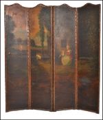 19TH CENTURY PAINTED CANVAS FOUR FOLD DISCRETION SCREEN