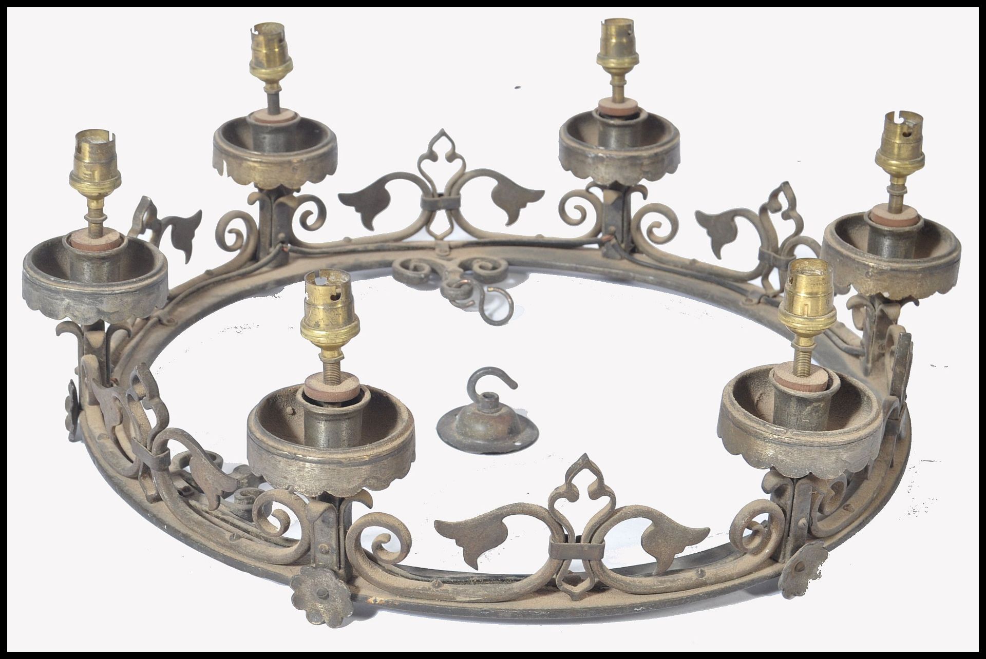 19TH CENTURY WROUGHT BRASS AND CAST IRON GOTHIC CHANDELIER