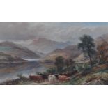 A LEWIS OIL ON CANVAS PAINTINGS OF HIGHLAND CATTLE AT LOCH SIDE