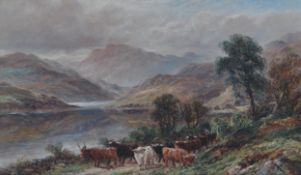 A LEWIS OIL ON CANVAS PAINTINGS OF HIGHLAND CATTLE AT LOCH SIDE