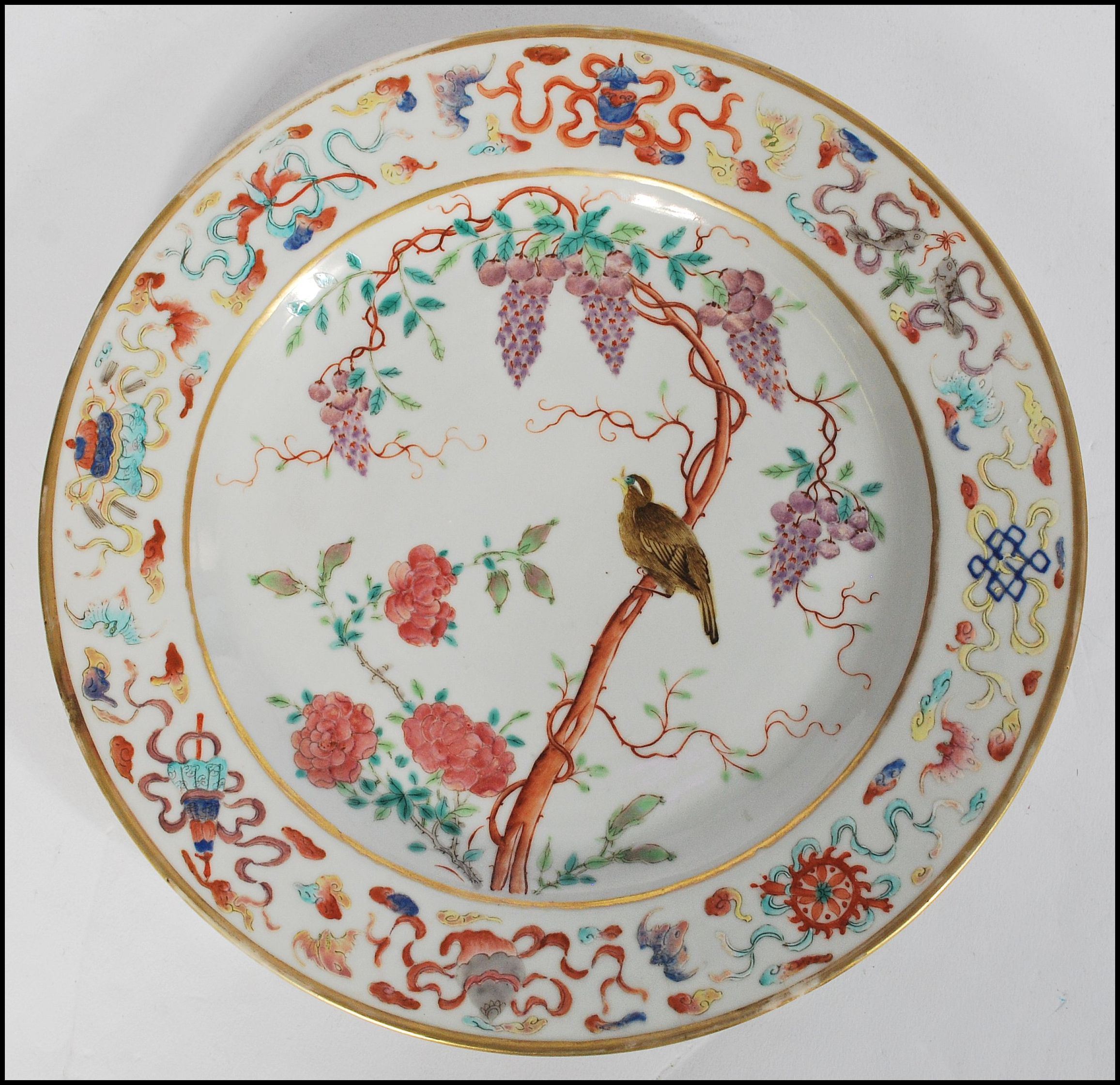 CHINESE FAMILLE VERTE - ROSE KANGXI PERIOD PLATE - BIRDS AND FLOWERS