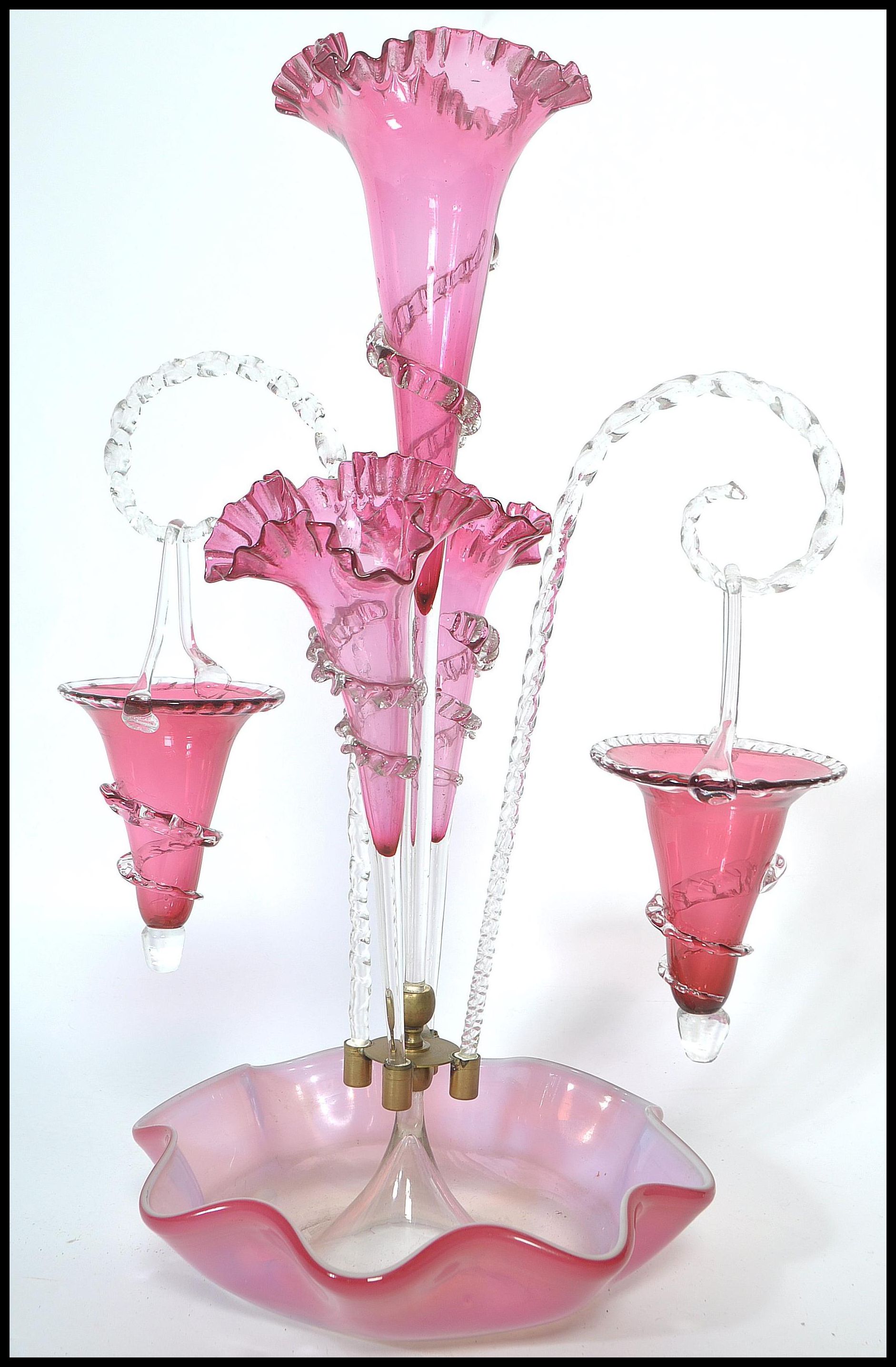 19TH CENTURY CRANBERRY AND RUBY VASELINE GLASS EPERGNE CENTREPIECE