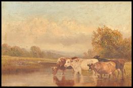 WILLIAM VIVIAN TIPPET (1833-1912) OIL ON CANVAS PAINTING CATTLE BY RIVER