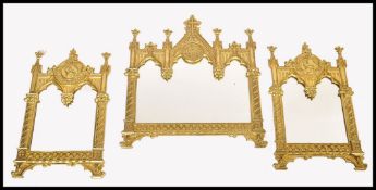 ECCLESIASTICAL DECORATIVE TRIPTYCH GILT METAL MIRROR IN THE MANNER OF PUGIN