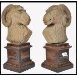 19TH CENTURY LARGE PAIR OF STATUE WOODEN SCULPTURES OF RAMS HEADS