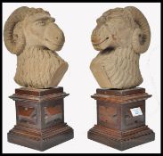 19TH CENTURY LARGE PAIR OF STATUE WOODEN SCULPTURES OF RAMS HEADS
