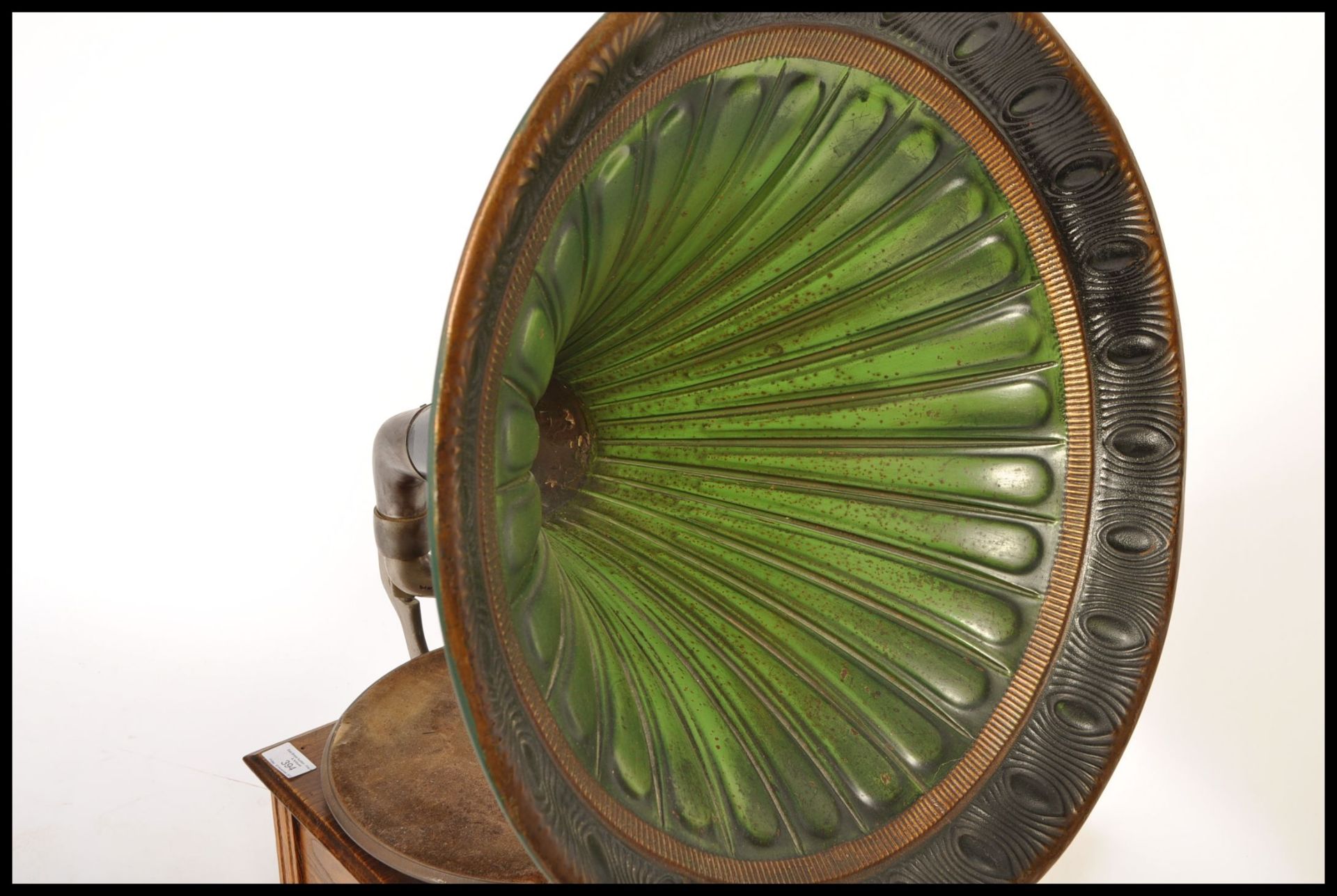 19TH CENTURY OAK AND GREEN HORN TABLE TOP GRAMOPHONE - Bild 3 aus 6