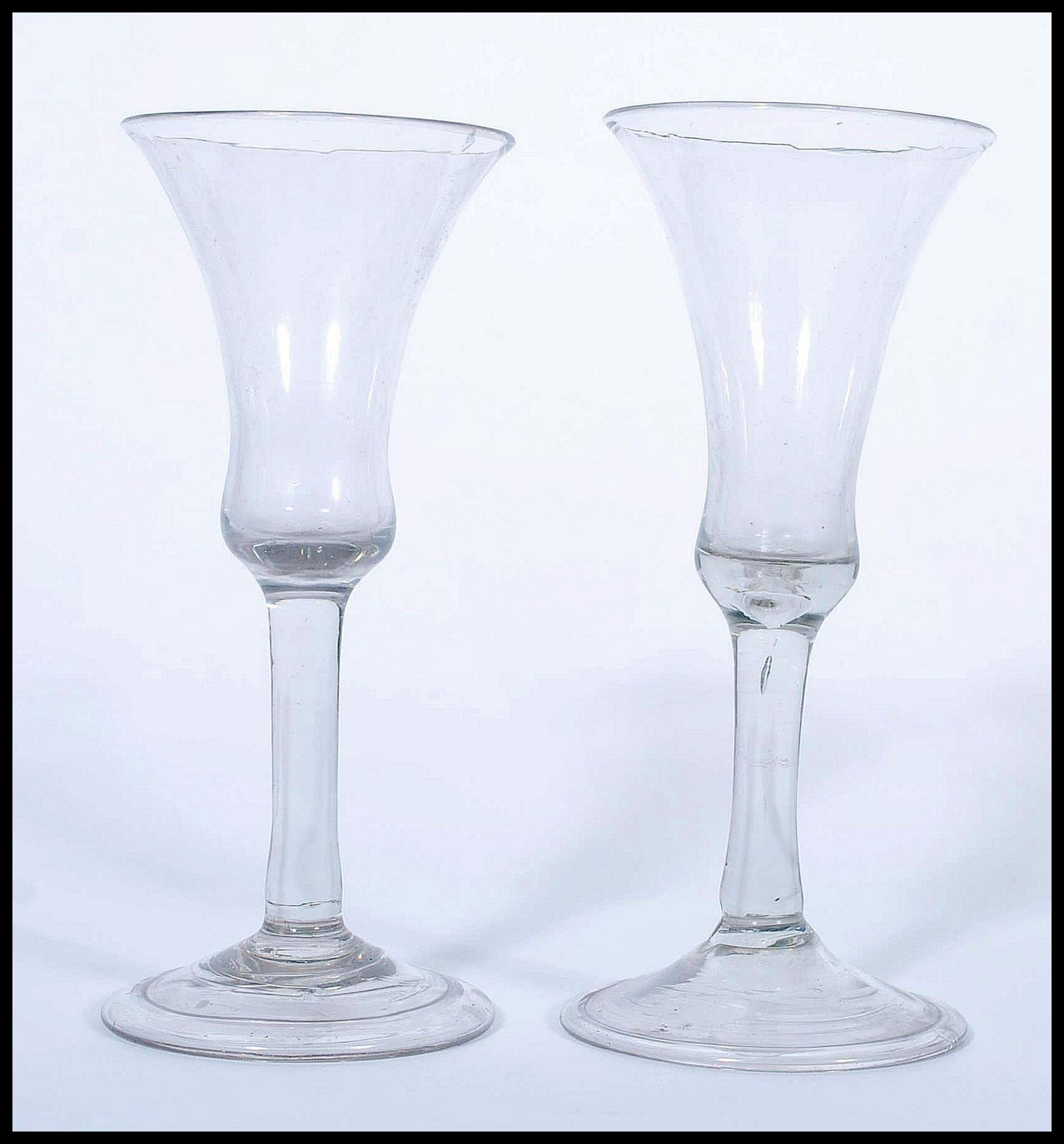 PAIR 18TH CENTURY GEORGE III DRINKING WINE GLASSES OF TRUMPET FORM