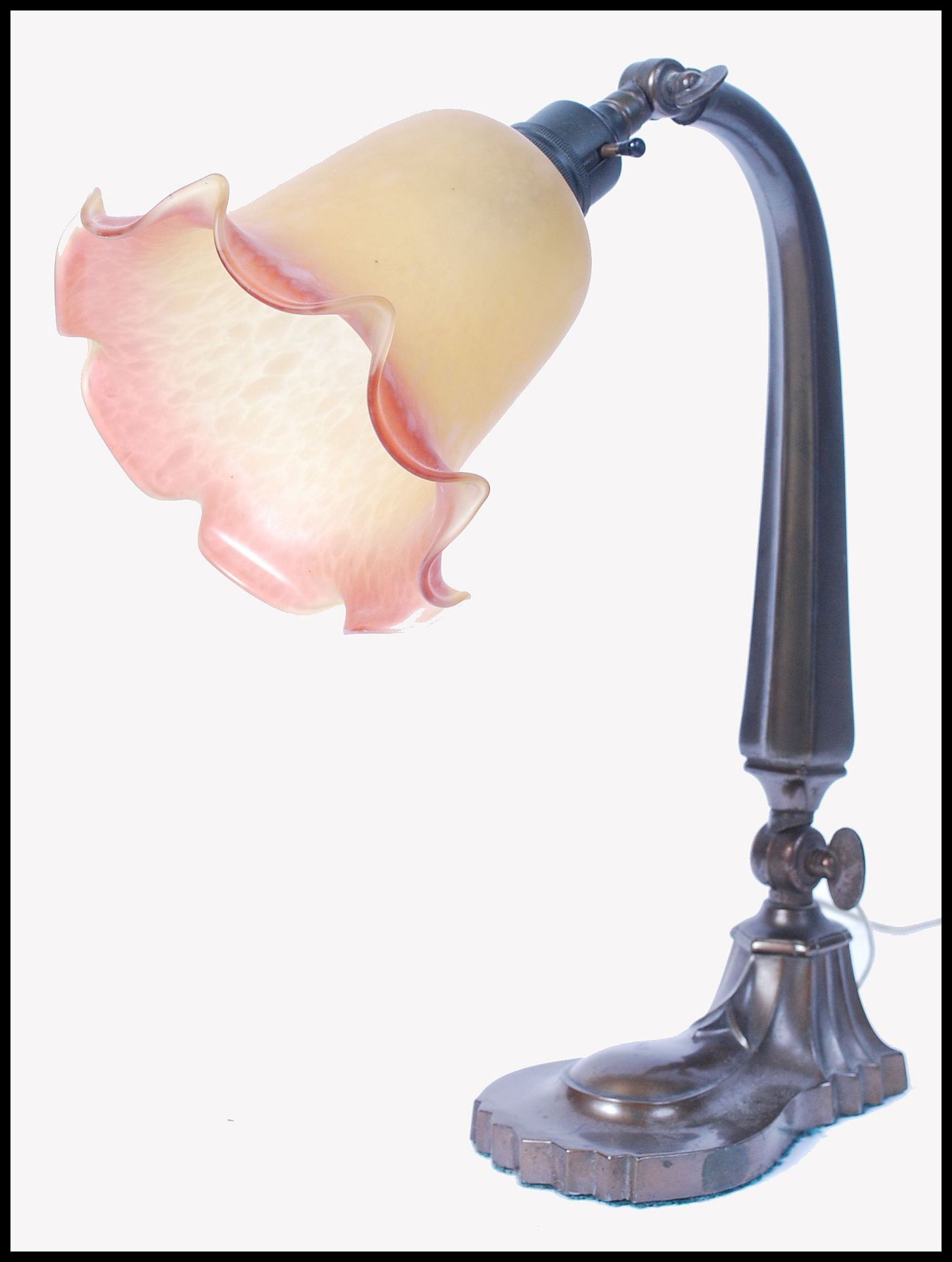 1930'S ART DECO BRASS AND GLASS ROCOCO DESK / TABLE LAMP