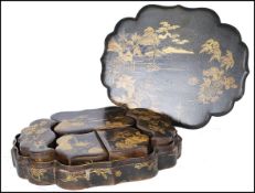 1920'S JAPANESE CHINOSERIE BLACK LACQUERED LADIES PAPIER MACHE VANITY SET