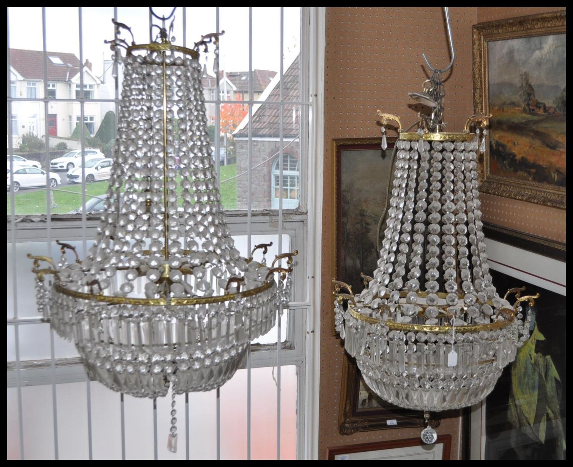 PAIR OF LARGE FACET CUT GLASS AND BRASS ELECTROLIER CHANDELIERS