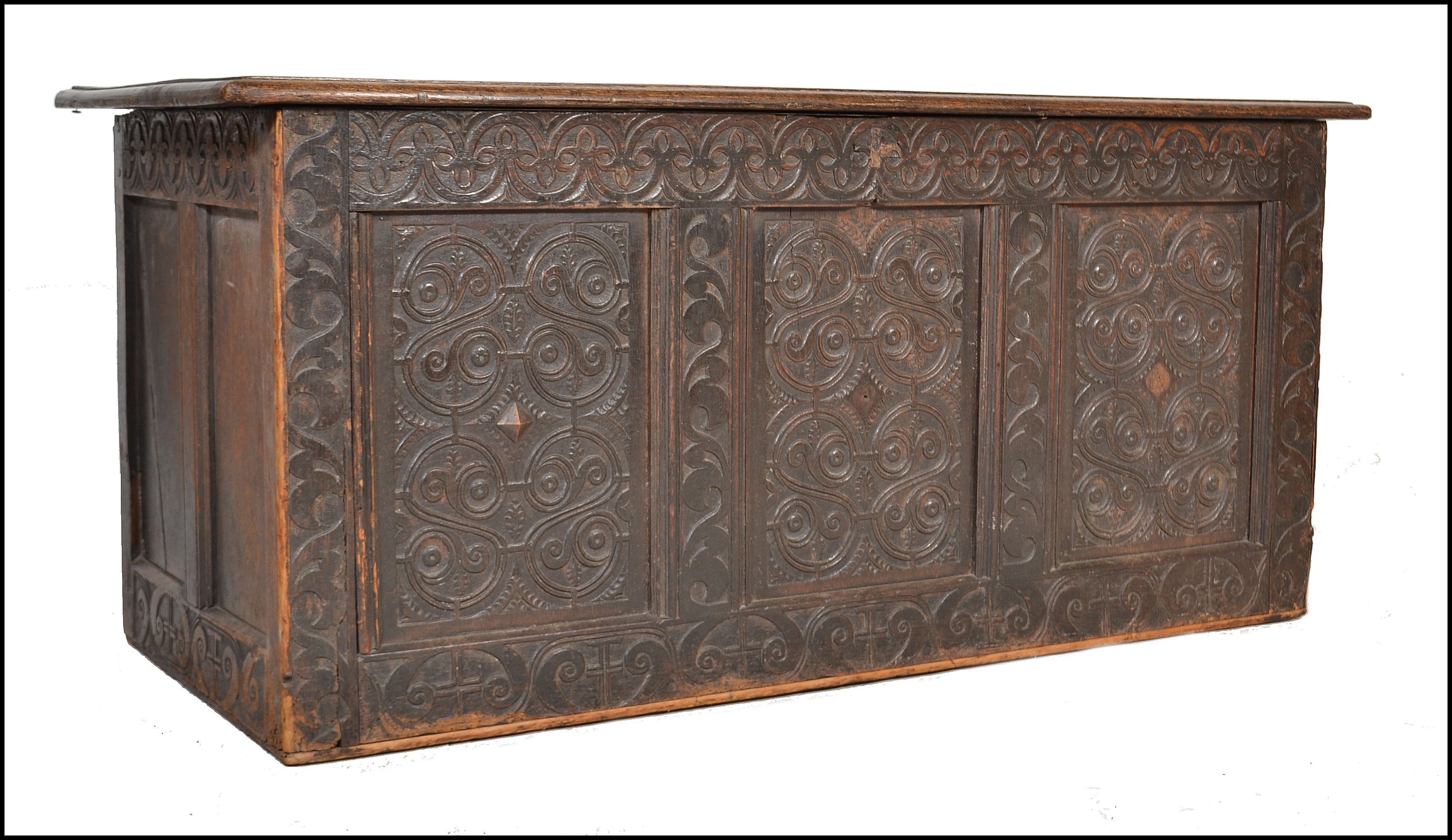 17TH CENTURY CARVED WEST COUNTRY OAK COFFER CHEST - BLANKET BOX
