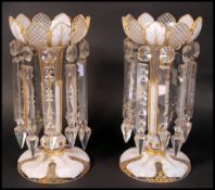 19TH CENTURY VICTORIAN WHITE BOHEMIAN PAIR GLASS LUSTRE'S