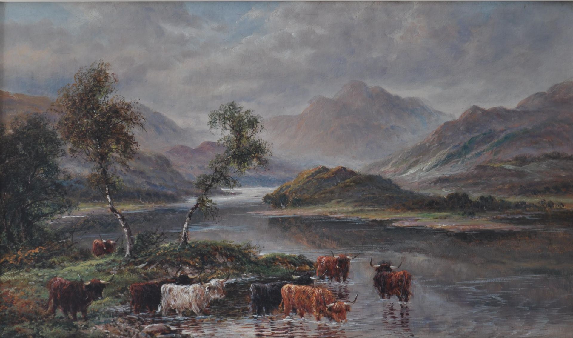 A LEWIS OIL ON CANVAS PAINTINGS OF HIGHLAND CATTLE AT LOCH SIDE - Bild 2 aus 5