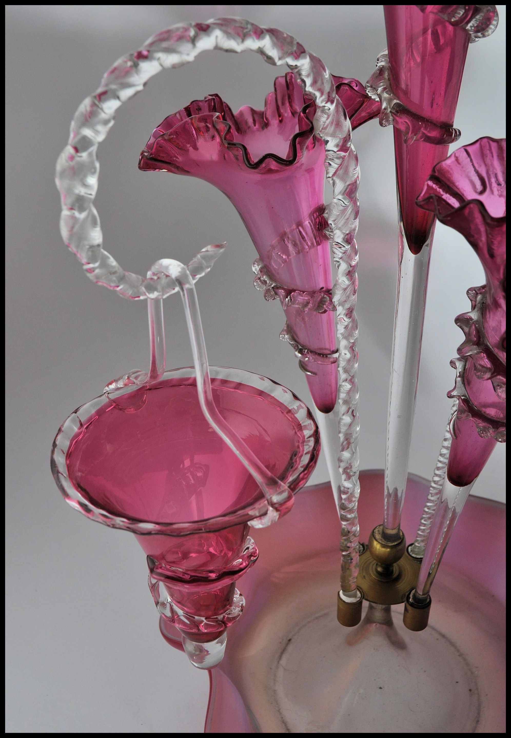 19TH CENTURY CRANBERRY AND RUBY VASELINE GLASS EPERGNE CENTREPIECE - Image 8 of 10