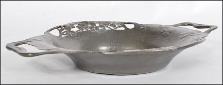 LIBERTY & CO TUDRIC PEWTER AND ENAMEL TWIN HANDLE DISH BY ARCHIBALD KNOX