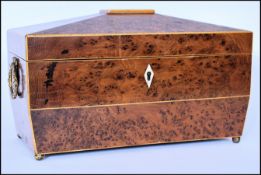 19TH CENTURY GEORGE III AMBOYNA WOOD SARCOPHAGUS TEA CADDY BOX