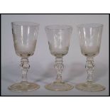 THREE EARLY 198TH CENTURY GEORGIAN WINE GLASSES - FIGHTING COCKERELS