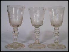 THREE EARLY 198TH CENTURY GEORGIAN WINE GLASSES - FIGHTING COCKERELS