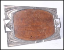 EARLY 20TH CENTURY ART NOUVEAU WMF PEWTER & OAK BUTLERS TRAY