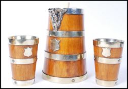 A VICTORIAN COOPERED OAK & SILVER PLATE WATER / BEER DRINKING SET