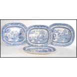A selection of 19th century Victorian blue and white meat platters transfer printed in willow