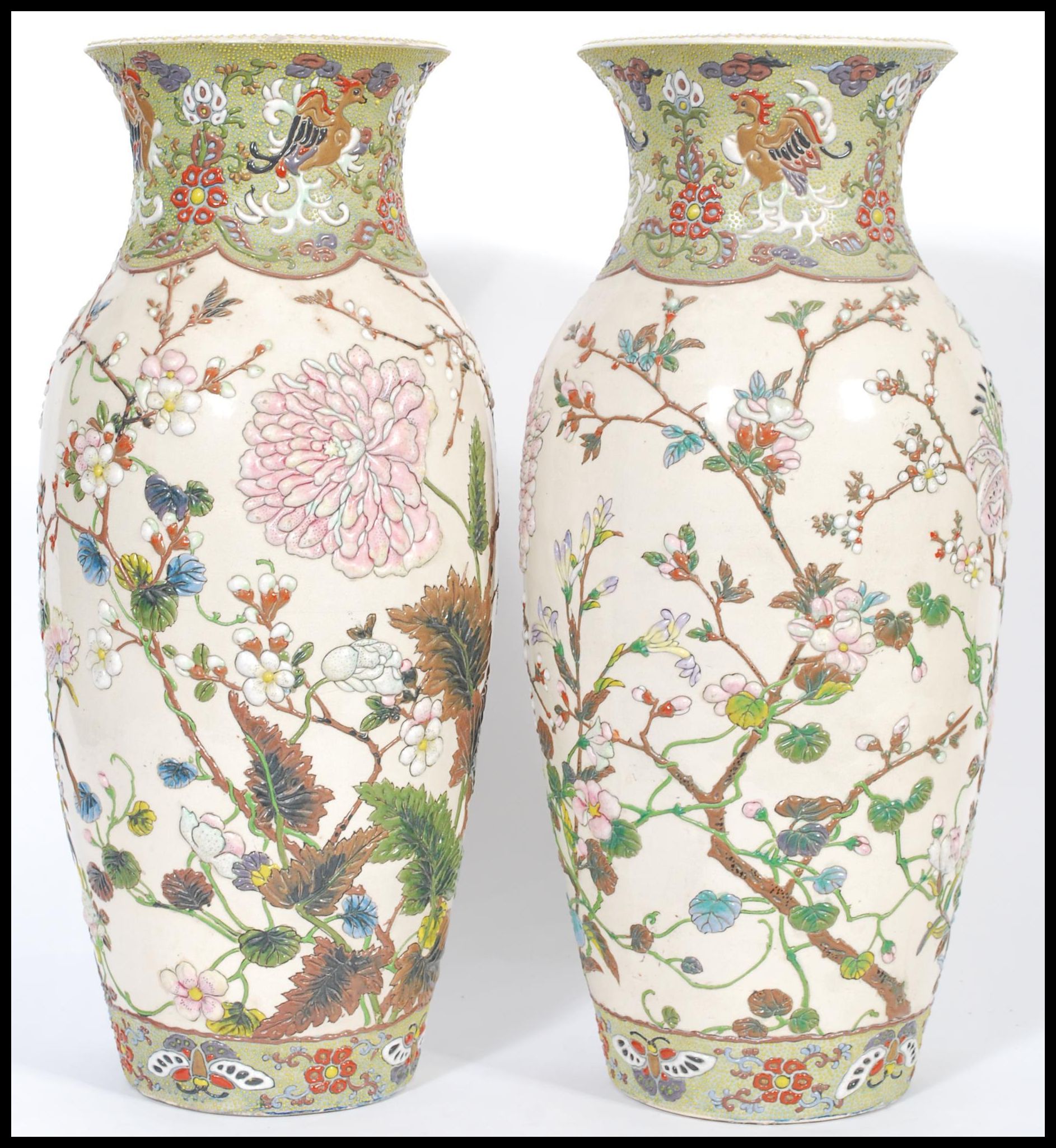 A pair of 19th Century Meiji period large Japanese Satsuma vases each of cylindrical bulbous form - Image 2 of 5