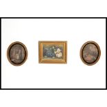 A pair of 19th Century Victorian hand coloured Georgian scene prints in oval moulded gilt frames