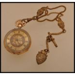 A 14ct gold open faced 19th Century Continental ladies pocket watch, chase decorated face with Roman