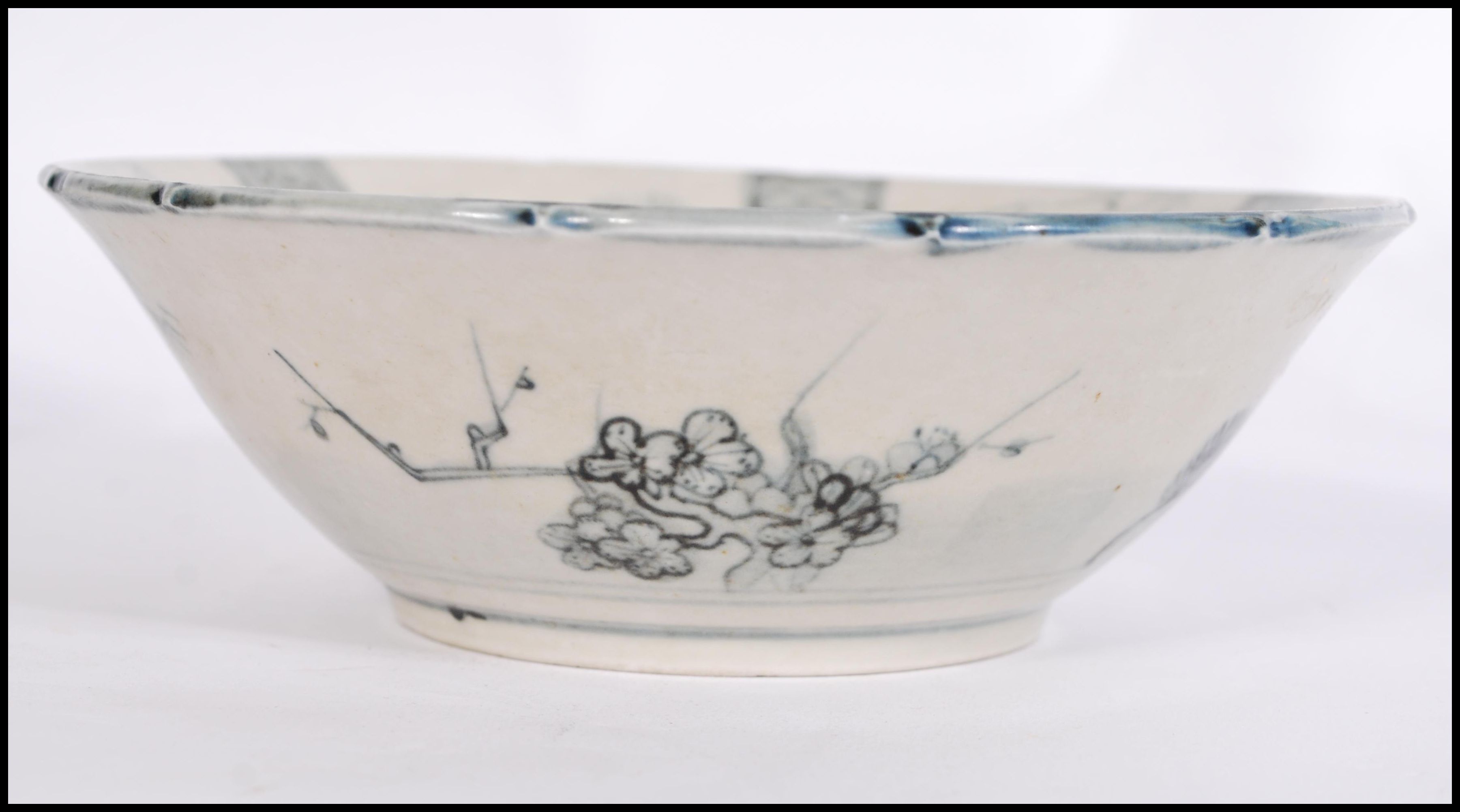 A 19th century Chinese bowl having decoration of maiden with plants and geometric borders. Six - Image 4 of 6