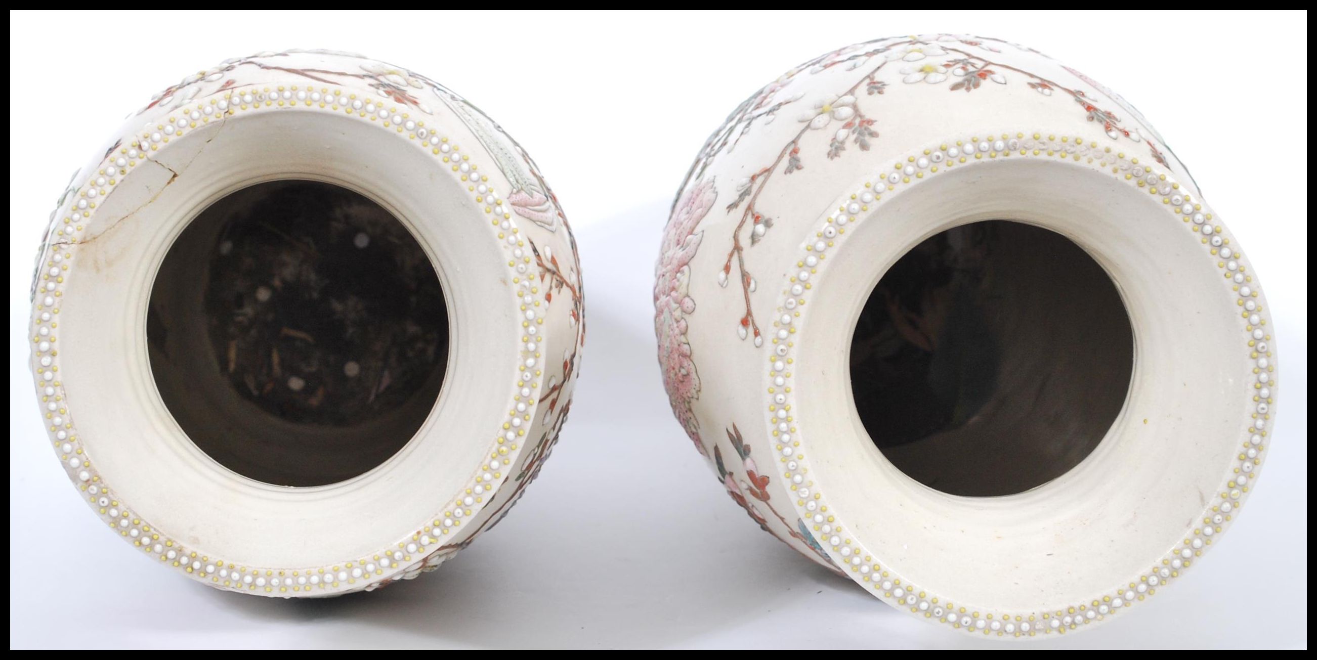 A pair of 19th Century Meiji period large Japanese Satsuma vases each of cylindrical bulbous form - Image 4 of 5