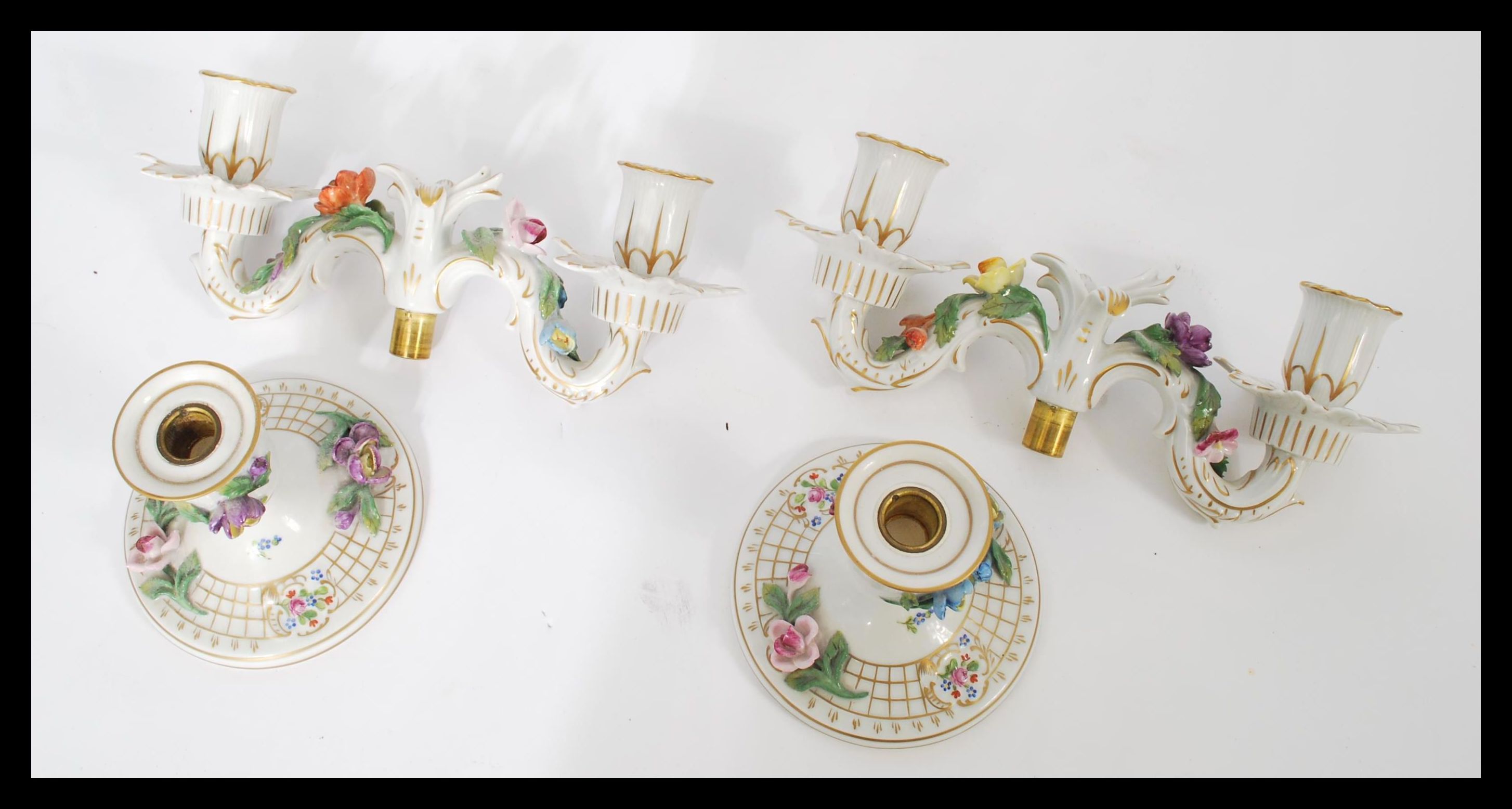 A pair of Dresden porcelain double sconce candelab - Image 11 of 12