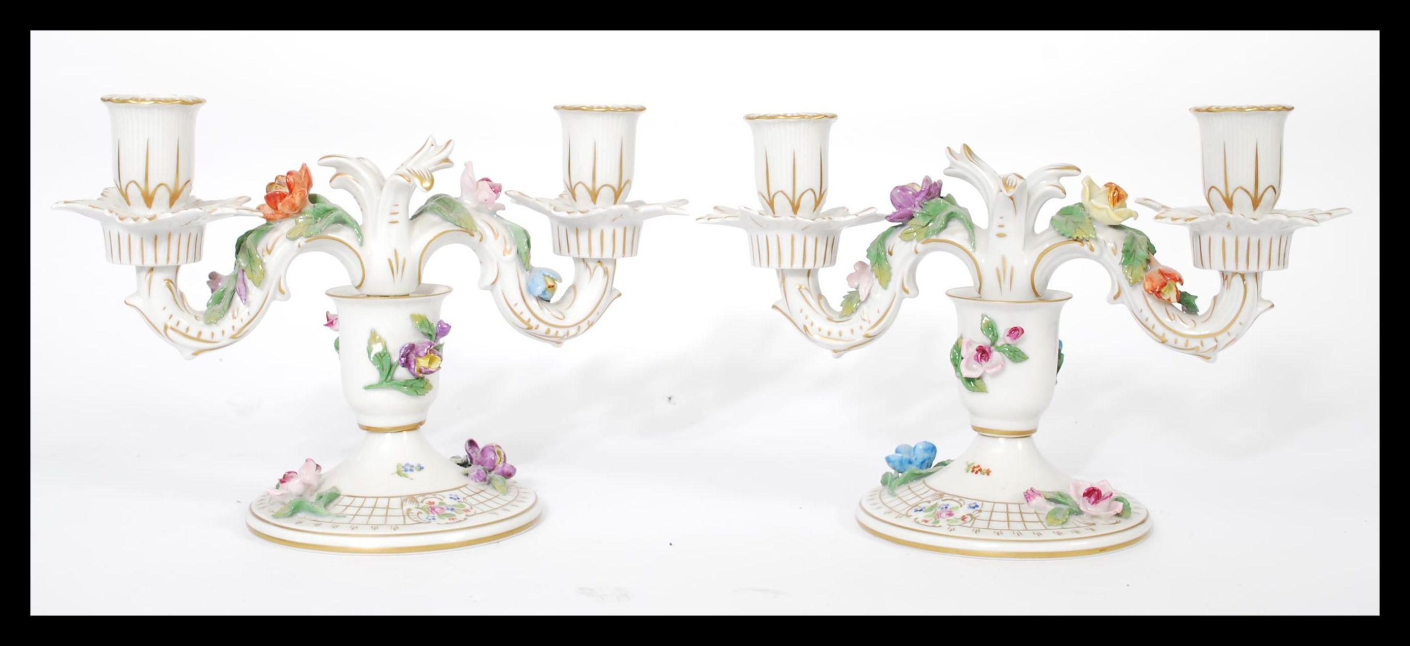 A pair of Dresden porcelain double sconce candelab - Image 5 of 12