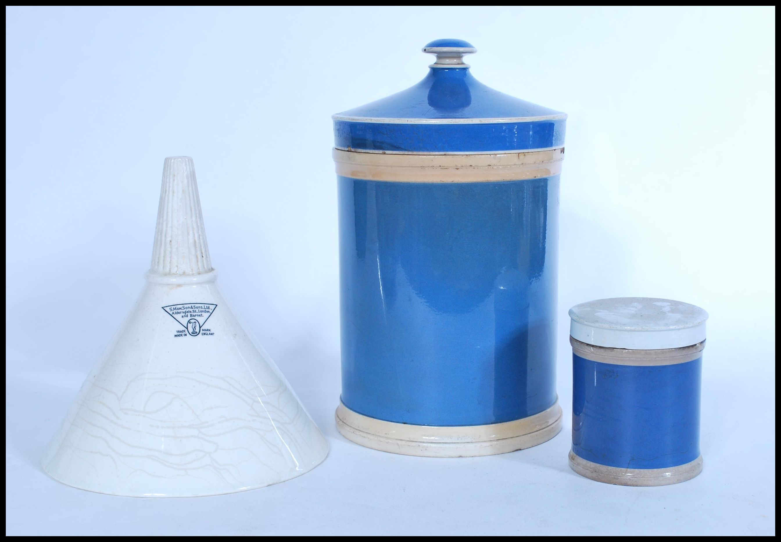 A selection of late 19th Victorian apothecary wares to include an S. Maw, Son & Sons, Ltd. white
