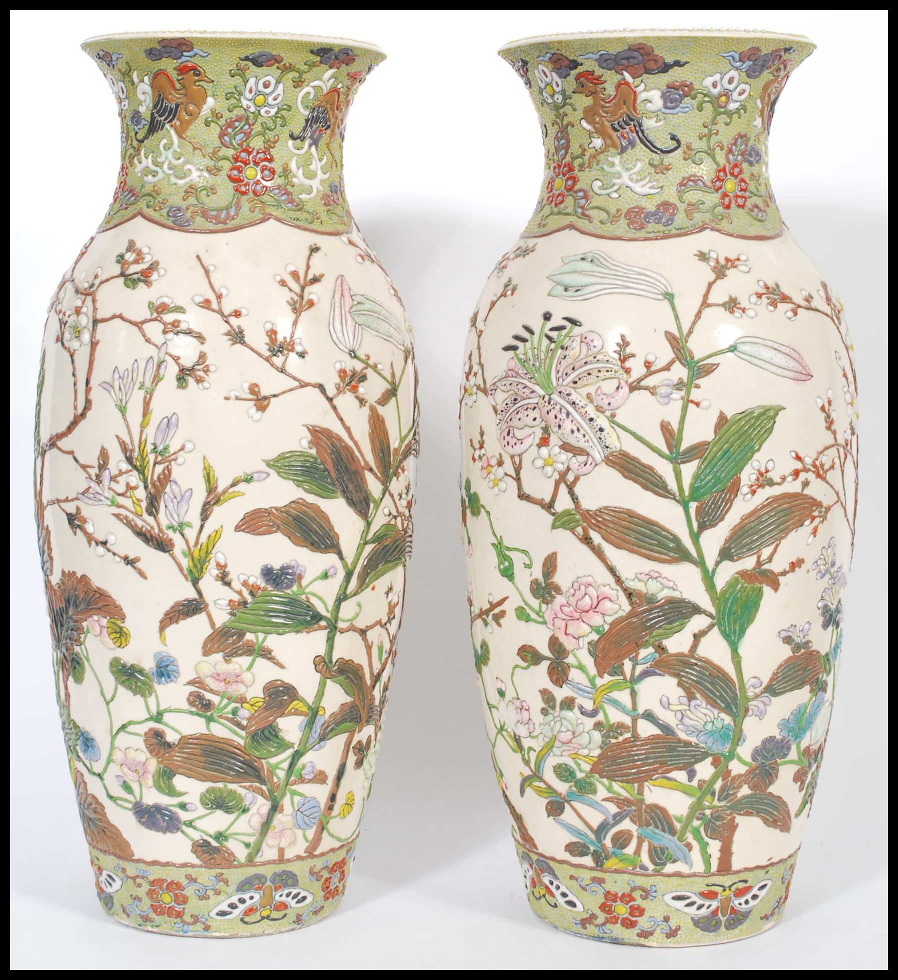 A pair of 19th Century Meiji period large Japanese Satsuma vases each of cylindrical bulbous form