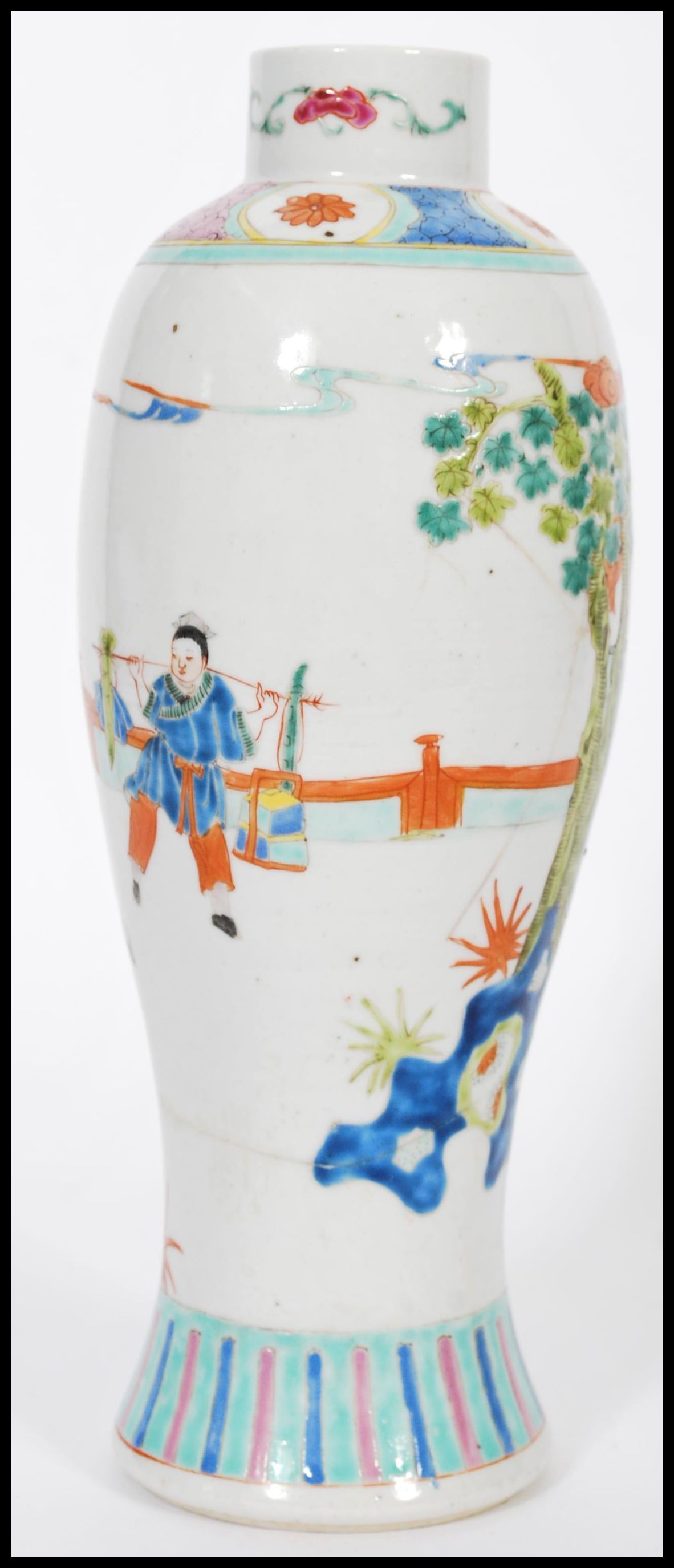 An early 20th century Chinese vase of bottle shape having cartouche panels depicting domestic - Image 3 of 5