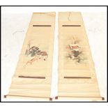 Two 19th Century Chinese scrolls with hand painted panels, one having a koy fish falling to water