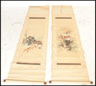 Two 19th Century Chinese scrolls with hand painted panels, one having a koy fish falling to water